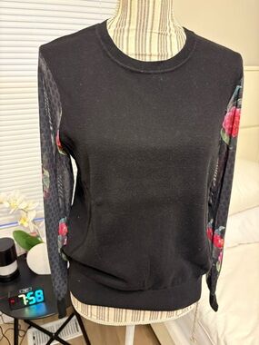 Desigual Black Sweater with Floral Mesh Sleeves sz S